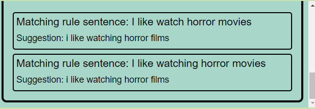 Sentence Rebuilder provides a suggestion for the sentence 'I % wat**ing horr*r f*lms'