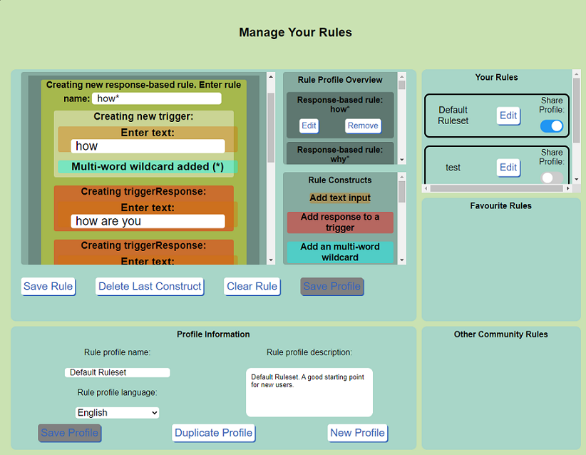 Rule management page and block-based visual editing environment